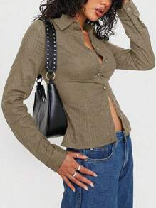 INAWLY Women's Solid Color Front Button Fitted Long Sleeve Blouse Women Shirt - Mocha Brown - View 4