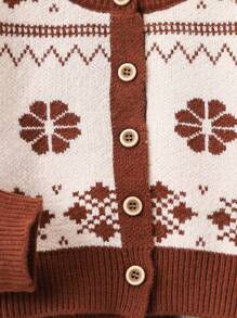 SHEIN Young Girl Patterned Knitted Jacket And Skirt Set, Suitable For Daily Wear And Outings - Coffee Brown - View 4