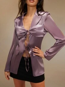 SHEIN Unity Women's Purple Satin Double Strap Fitted Blazer - Brown - View 6