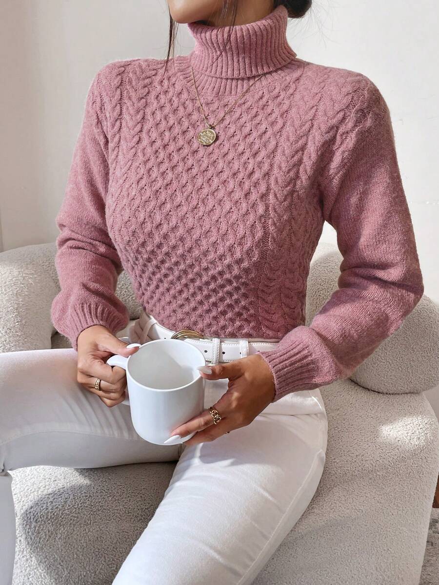 EURMUSE Turtleneck Cable Knit Jumper - Pink - View 1