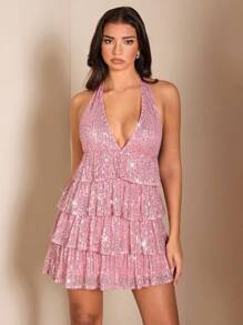 SHEIN BAE Women's Sequined Ruffle Hem Backless Mini Dress For Music Festival Party - Pink - View 4