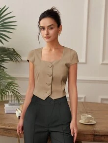 Women's Summer Casual Minimalist Front Button Crop Top, Wide Collar - Brown - View 4