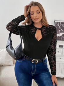 SHEIN Frenchy Plus Size Women's Spring Autumn Contrast Lace Keyhole Neck Long Sleeve Slim Elegant T-Shirt