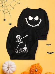 Set de 2 camisetas casuales con estampado de esqueleto, cara sonriente y letras en inglés que brillan en la oscuridad para niño pequeño en Halloween - Negro - Ver 4