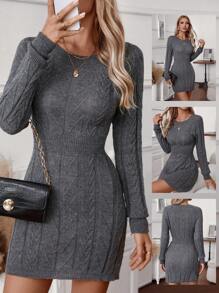 Chiquease Vestido de punto de cuello redondo de manga larga en color gris para otoño - Gris Oscuro - Ver 1