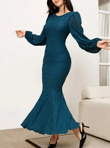 Modelyn Đầm Maxi Dài Thanh Lịch Cho Nữ Mùa Xuân & Mùa Thu Tay Phồng Viền Đuôi Cá Đầm Maxi Trang Phục Dạ Hội Dài - Màu xanh ngọc - Xem 3
