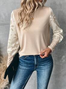 EMERY ROSE Women's Casual  Blouse With Lace Sleeves And Buttons - White - View 5