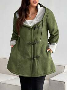 Flirla Faux Horn Button Fuzzy Hooded Coat In Plus Size - Army Green - View 2