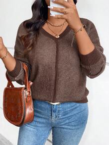 SHEIN LUNE Plus Size V-Neck Striped Pullover Sweaterbusiness Casual Woman,Holiday Outfits,Country Tops - Multicolor - View 5