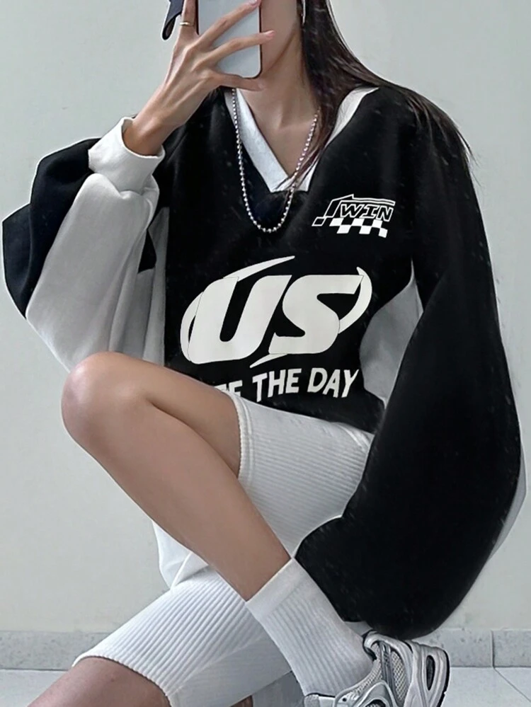 Women's Color Block V-Neck Letter Print Loose Sweatshirt,Fall Clothes