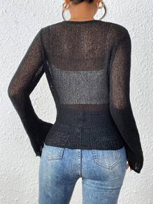 SHEIN VCAY Lettuce Trim Trumpet Sleeve Knot Front Crop Cardigan Without Cami Top - Black - View 2