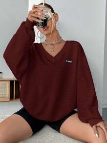 SHEIN EZwear Wine  Knitted V-Neck Casual Sweatshirt