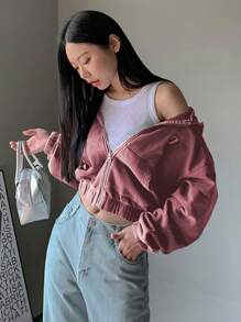 Dazy Tall 女式纯色落肩长袖前拉链休闲连帽衫，秋冬 - 玫紅色 - 查看 3