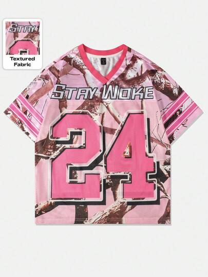 ROMWE MEN Street Life 男式运动服短袖足球服款式 T 恤，网眼面料拼接，夏季，图案 T 恤，2000 年代风格