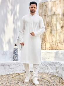 Manfinity Homme Men's White Stand Collar Partial Button Front Long Sleeve Shirt - White - View 3