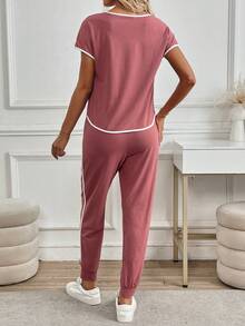 SHEIN LUNE Bộ 2 chiếc áo ngắn tay và quần dài họa tiết tương phản thường ngày cho nữ, xuân hè - Hồng - Xem 2