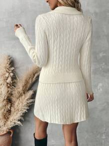 Chiquease 2pcs/Set Women Casual Solid Color V-Neck Cable Knit Sweater