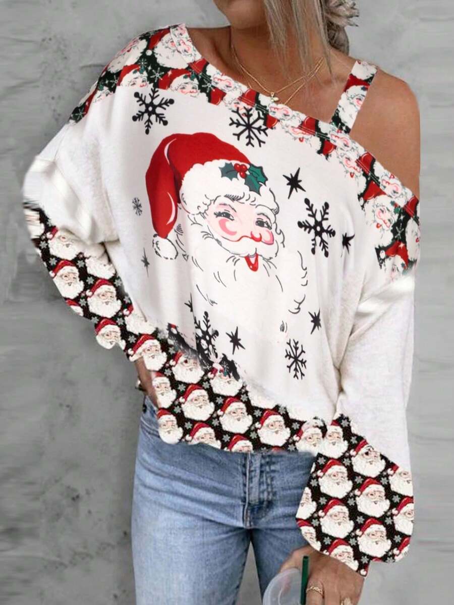 Santa Claus & Snowflake Print Asymmetrical Collar Casual T-Shirt, For Spring/Autumn - White - View 1