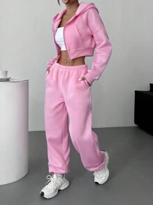 SHEIN EZwear Women's Casual Solid Drop Shoulder Loose Zip-Up Cropped Hoodie And Jogger Sweatpants Set