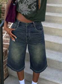 Y2K Vintage Washed Distressed Low Waist Flare Leg Denim Shorts With Side Pockets - Dark Wash - View 3