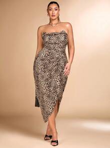 SHEIN BAE Plus Size Women's Summer Leopard Print Ruched Hem Slit Bandeau Fashion Dress - Multicolor - View 5