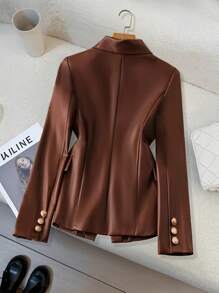 SHEIN Clasi Áo khoác da màu nâu đơn giản, tay dài cài nút phía trước dành cho nữ, cổ đứng, đơn giản, thường ngày, chất liệu PU, thời trang thu đông - Cà phê nâu - Xem 2