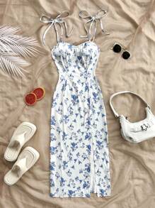 Soleia 女士度假蓝白印花紧身连衣裙，肩带高开衩