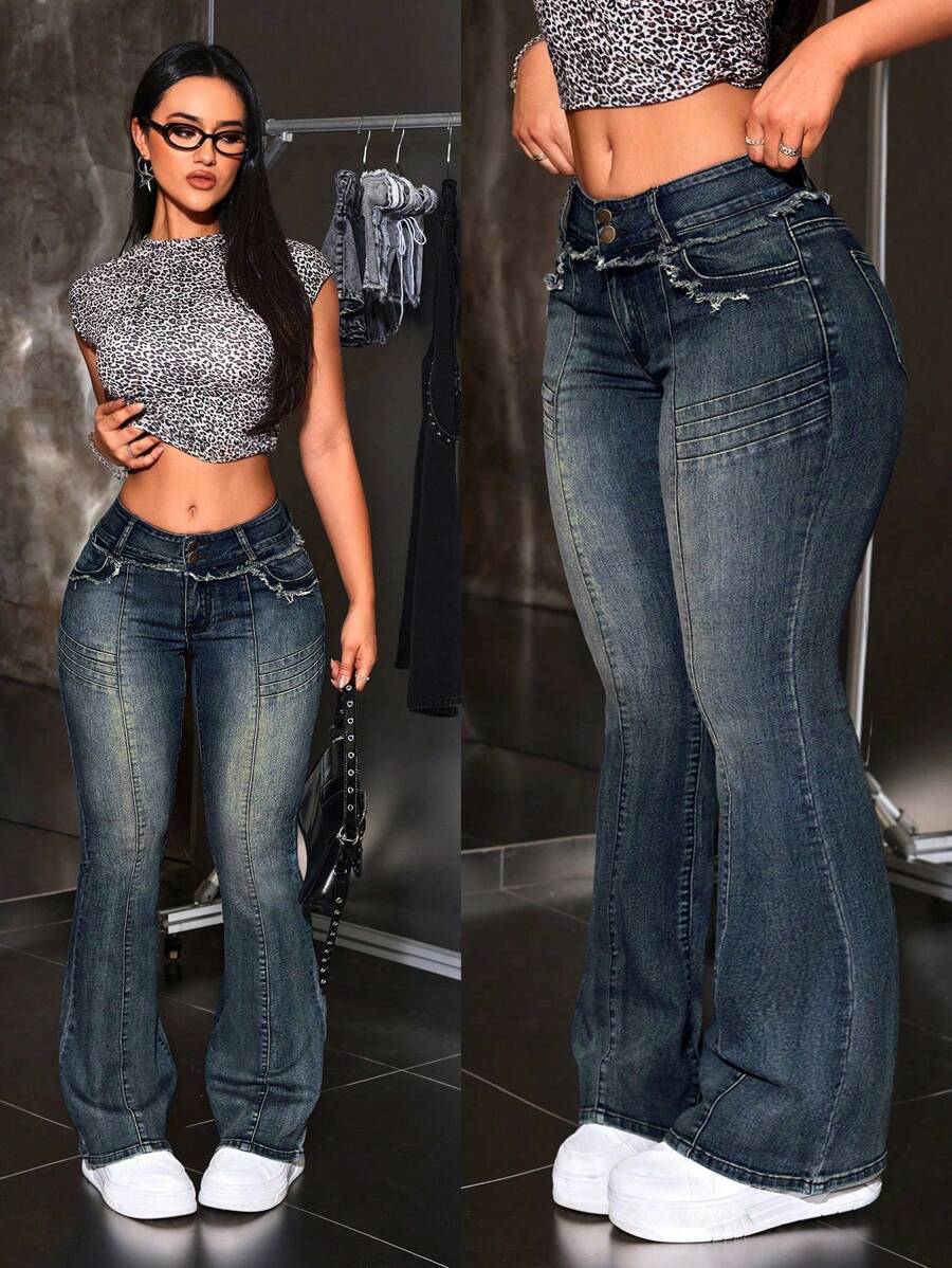 SHEIN ICON Women Frayed Hem Patchwork Pocket Flared Casual Jeans - Dark Wash - View 1