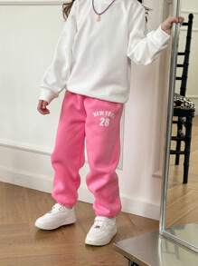 SHEIN 3pcs Young Girls Casual Comfy Digital & Letter Print Thermal Lined Elastic Waist Pants, Pink/White/Black, For Daily, Work, Sports, Spring Autumn - Multicolor - View 3