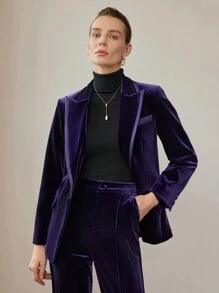 MOTF PREMIUM 天鹅绒尖领纯色单纽扣西服外套 - 藍色 - 查看 7