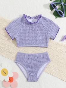 Young Girl Summer Beach Halter Crop Top & Triangle Bikini Set - Mauve Purple - View 1