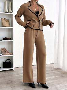 RueChic Woman Pocket And Ruffle Detailed Contrast Cardigan And Sweater Pants Sweater Co-Ords Comfy Warm Set - Camel - View 5