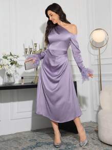 Modelyn Women's Long Sleeve Open Shoulder Dress With Real Turkey Feather Patching - Dusty Purple - View 6
