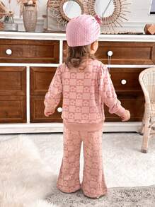 SHEIN 2 件套女婴花卉提花长袖上衣和裤子套装，春秋 - 粉色 - 查看 2