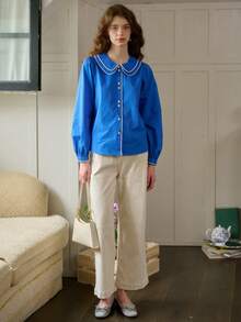 Simple Retro Áo sơ mi thường ngày ve kép ren Clashing dành cho nữ - Màu xanh lam - Xem 7