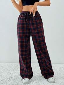 SHEIN Tall Plaid Printed Drawstring Waistband Slanted Pocket Loose Casual Wide Leg Pants - Red - View 3