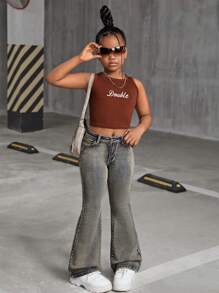 SHEIN Tween Girl Y2K 2000s Retro Stonewashed Vintage Denim Flare Leg Jeans, Fall Back To School Streetwear - Medium Wash - View 5