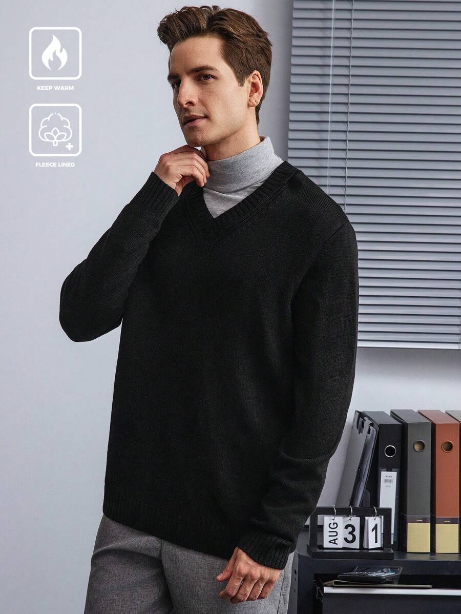 Manfinity Homme 男士休闲长袖毛衣,秋冬 - 黑色 - 查看 1