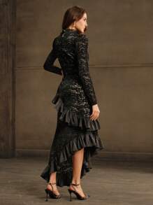 Anewsta 女士优雅高领蕾丝不对称荷叶边下摆长袖连衣裙 - 黑色 - 查看 6