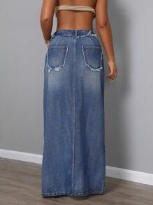 SHEIN SXY Váy chữ A denim xẻ tà tua rua đơn giản cho nữ - Màu xanh lam - Xem 2