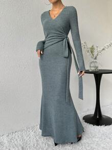 Modelyn Women's Solid Color Textured Surplice Wrap Side Fish-Tail Hem Dress - Blue - View 5