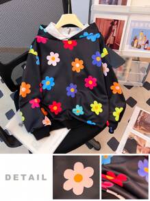 SHEIN Áo thun dài tay có mũ trùm đầu hoa cơ bản của cô gái Tween - màu đen - Xem 3