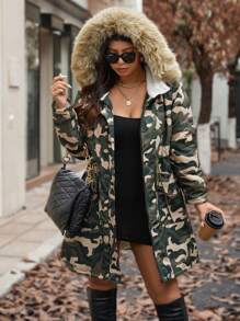 Easura Plus Size Autumn/Winter Camouflage Zipper Front Drawstring Waist Hooded Padded Coat Fall Cloth For Women