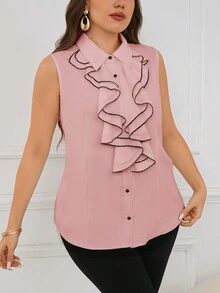 SHEIN Clasi 大码女式夏季拼布荷叶边无袖优雅衬衫 - 藕粉色 - 查看 5