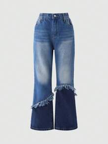 SHEIN Explorewe Girls' Color Block Distressed Flared Hem Jeans, Fashionable And Versatile, Suitable For Spring, Summer, And Autumn - Blue - View 3