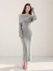 DAZY Women Off-Shoulder Long Knitted Bodycon Sweater Dress, Grey, Spring/Summer/Autumn