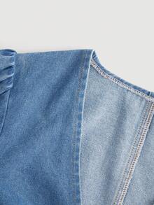 SHEIN EZwear Áo khoác denim thường ngày cho nữ có tay dài bồng bềnh và buộc dây, màu xanh - Màu xanh lam - Xem 3