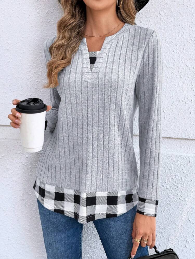 Women's Casual Plaid Patchwork Long Sleeve Tops