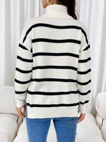 SHEIN Áo len bà bầu hở vai cổ cao sọc đen và mơ, cho mùa đông - Đen và trắng - Xem 2