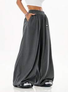 Coolane Pantalones anchos de pierna ancha de unicolor, con efecto textural, cintura caída, estilo casual y holgado para mujer